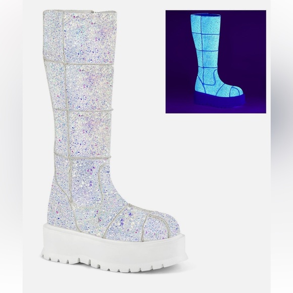 Demonia white glittery punk Platform EDM Rave Party Boots Glow In UV SZ 8 - Picture 1 of 5